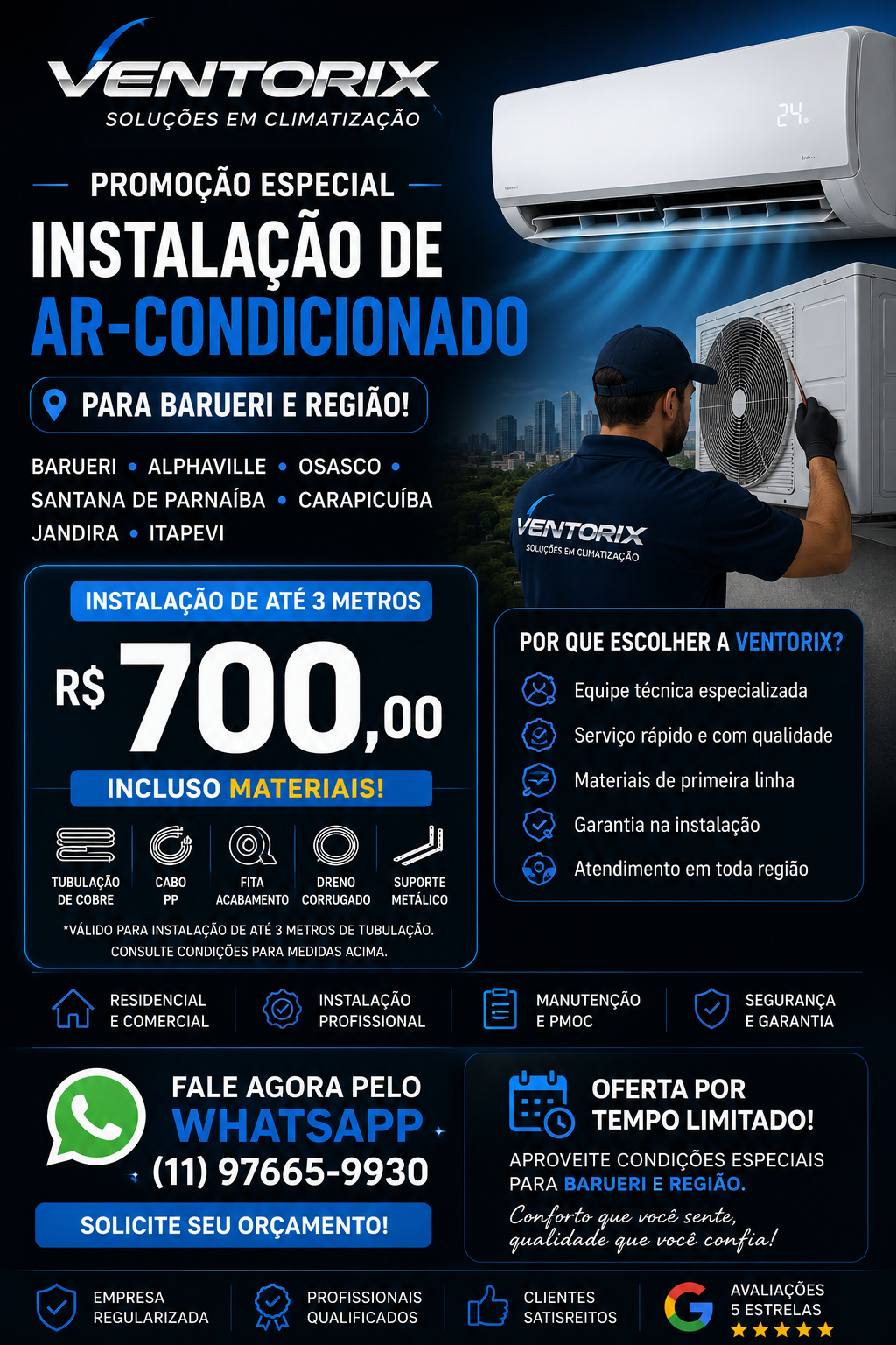 Promoção Ventorix: Instalação de ar-condicionado por R$ 700 em Barueri e região, materiais inclusos